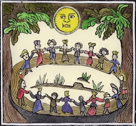 Hexenkreis tanzt unter einem Vollmond, Illustration aus einer Sammlung von Chapbooks über Esoterik